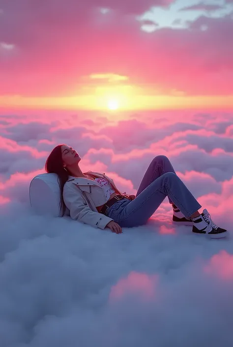 Foto realista. image about Envision a futuristic beautiful woman reclining on a bed of clouds, set against a vibrant sunset sky. The sky is awash in hues of pink, purple, and orange, creating a serene and surreal atmosphere. The figure is dressed in a rapp...