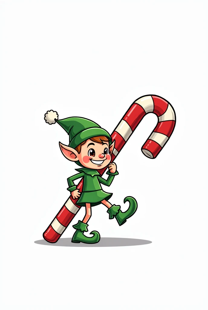 Cartoon-style Christmas elf carrying an oversized candy cane, line drawing, Coloring page