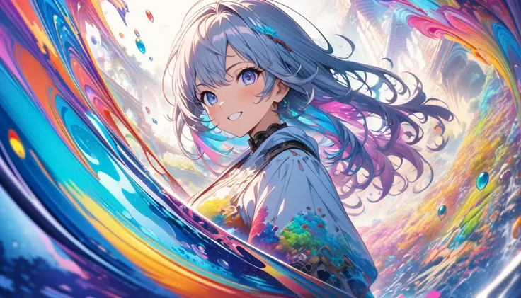 1 person(masterpiece,  best quality,  Official Art:1.2), ( colorful ), perfect anatomy,  watching the audience, one girl , Alone, White background, floating  colorful  water, Ultra-fine illustration,  Highly Detailed ,  Dynamic Angle ,  beautiful details, ...