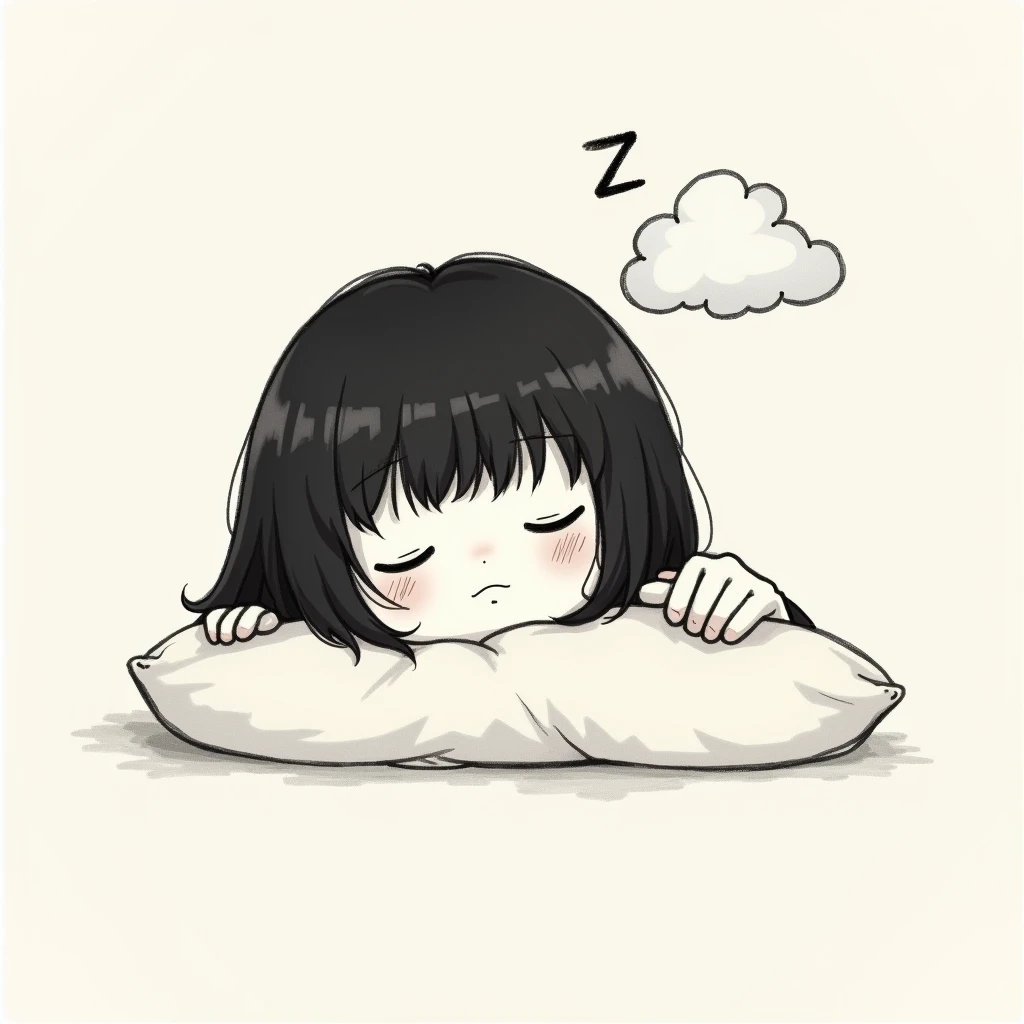  minimalism portrait from life .  natural proportions are not an anime .  sketch of a dark-haired girl with a black brush. medium hair length. nice light background .  is touched with fingers folded,  sleeps sideways on the pillow , the cloud  "ZZZ" overhe...