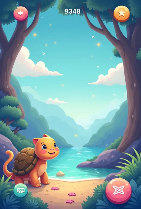 Design a digital game interface for an autistic , set in a friendly fantasy world with soft, warm pastel colors (like blues, purples, and greens). Include a cute animal guide, such as a smiling turtle or cat, positioned on the side of the screen, offering ...