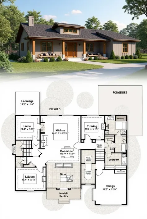 Plan dune maison de plein pied avec 4 chambres,  grand sejour et cuisine ouverte.