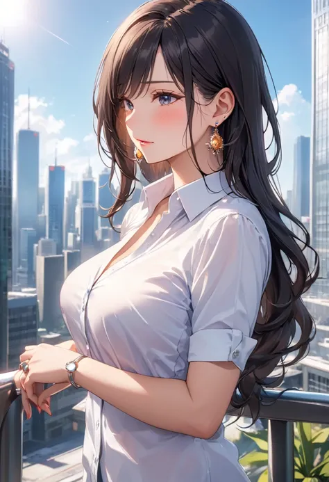  best quality,  amazing,delicate, Super detailed, beautiful, 8k ,  1 girl, Black Long Hair,Business shirts,  earrings for a woman alone, Outdoor,  bright 、Married Woman,sunlight、Clear skies、 Tokyo skyscrapers 、bewitching、embarrassed、coquettish、Tempting sen...