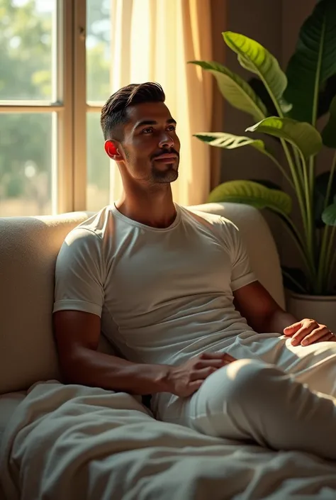 (photorealism:1.2), Ronaldoa footballer,sitting on bed, football t-shirt and pant, indoors, soft lighting, plants in background, window with sunlight, cozy room, relaxed pose, realistic, intricate details, warm colors, by Greg Rutkowski, by Alphonse Mucha