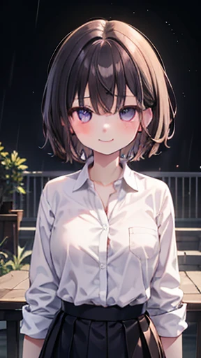 rining:safe,  1 girl, Alone, length_sleeve,  shirt, smile,  stripes, skirt, breast, 前hair,  stare _in_ viewer, clavicle, , Eyebrow_visible_Through_hair, diagonal_stripes, closure_mouth,  upper _body, collared_ shirt, rain, brown_hair, black_skirt,  purple ...