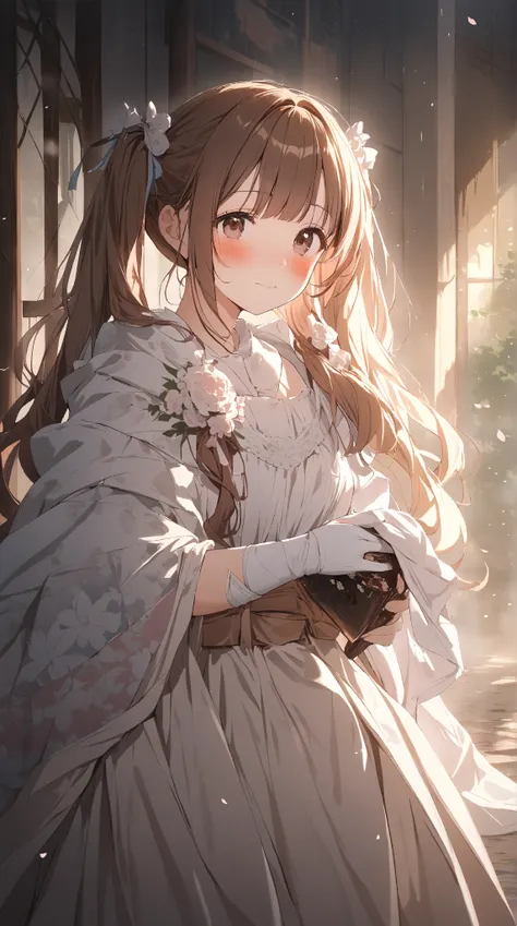 1 girl, ( cute face),  twin tails, to many hairstyle, (blush:1.3),  medium breasts, Shy Eyes , Warrior Armor,  Floral Cloak ,  Pottery skin ,  cowboy shots, break,  soft light , (Atmosphere of Love :1.3),  Romantic Hues , break, Behind the Battlefield ,  N...