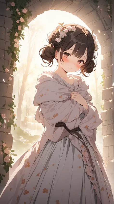 1 girl, ( cute face),  twin tails, to many hairstyle, (blush:1.3),  medium breasts, Shy Eyes , Warrior Armor,  Floral Cloak ,  Pottery skin ,  cowboy shots, break,  soft light , (Atmosphere of Love :1.3),  Romantic Hues , break, Behind the Battlefield ,  N...