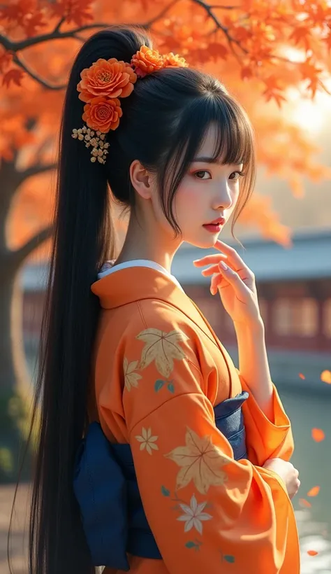 Realistic. Photorealistic. Image is vibrantly colored. photo,Highly detailed Photo quality, high quality,

A beautiful young Japanese woman with long flowing black hair tied up with orange flowers stands in front of a tree with falling autumn leaves, weari...