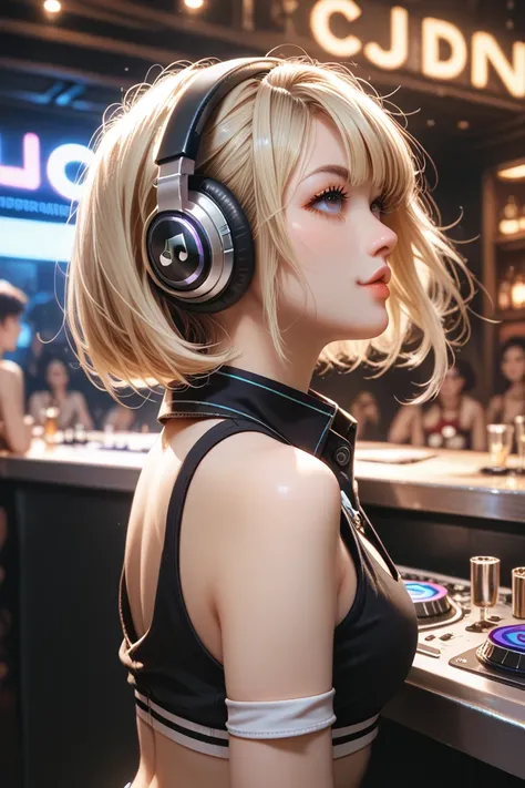  a very pretty blonde woman with a cropped haircut,  hair cut very short ,  curly crop , With headphones on her head ,  she is a DJ and mixes in a club 