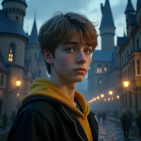 image of what an RP character from Harry Potter looks like, Hufflepuff house hogwarts uniform, short light brown hair, and white skin blue eyes , dresses like Hufflepuff , male man The background is a magical school with towering spires, vast halls, night 