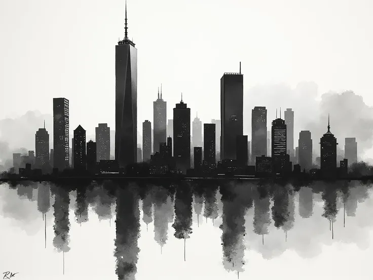 Ink painting, high-rise city reflection, exquisite black and white