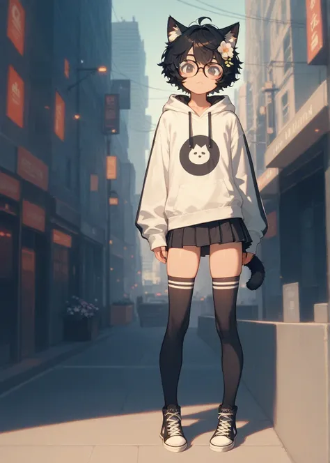 young boy,feet focus,feet, black thigh highs, thigh highs with 2 white stripes, solo,cat ears,standing, black hair, animal ear fluff, fluffy hair,cat boy, city background, converse shoes, really short skirt, glasses, big hoodie, one flower in hair