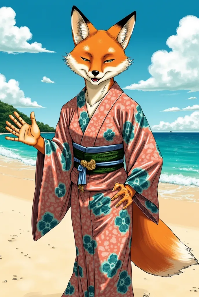 a foxian wearing a kimono, beach backround, waving, hatching, colored jjk manga style