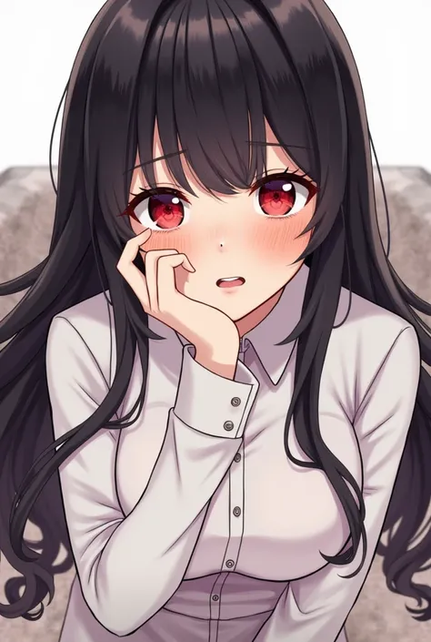 1girl, Long Hair, Black Hair, Red Eyes, Teeth, Fang, Simple background, POV, High Resolution, Looking at viewer, Very Long Hair, POV, Best Quality, High Details, High Resolution, Textured Skin, Retina, High Quality, Breasts, 