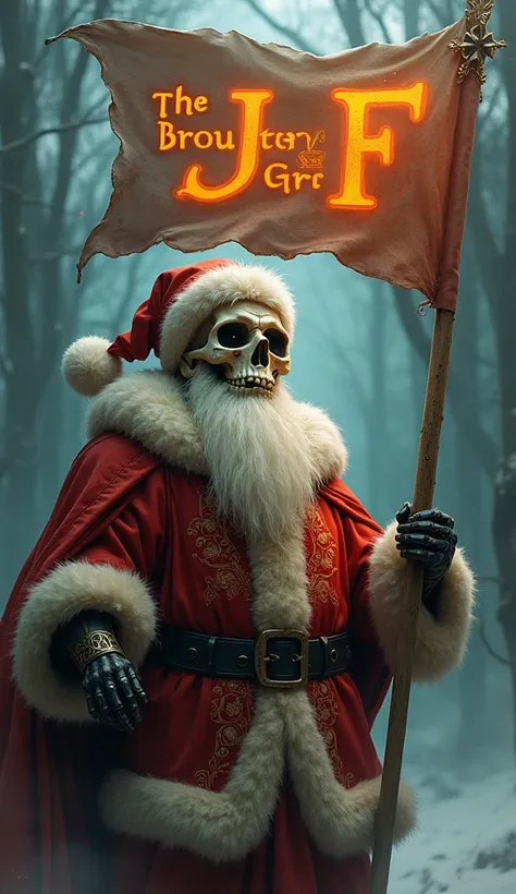 Skull-faced Santa Claus holding a flag with the phrase The Brothers JF written in orange