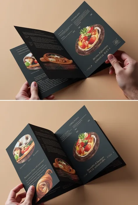 make a brochure design with gate fold

theme umkm cafe ,  create its front back design

dark color tone and there are illustrations of food