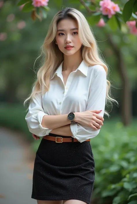 A woman with long, light-colored hair, wearing a fitted white blouse and a very short black skirt, shimmering like a Thai student dress, she stood confidently outdoors, surrounded by green and gentle lighting, photographing a serene yet professional atmosp...