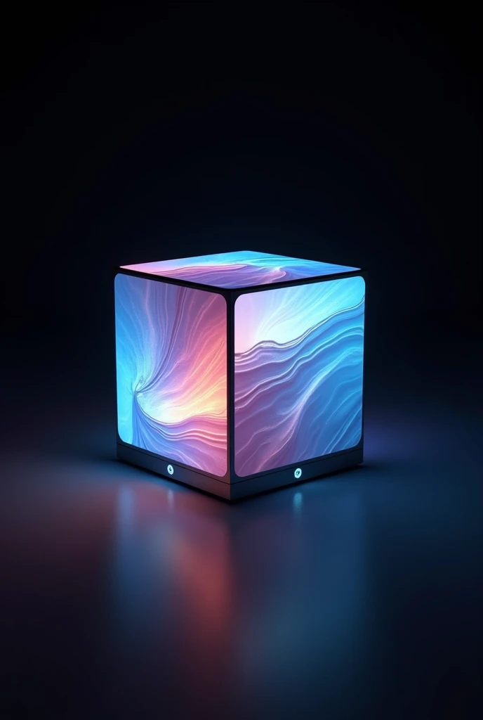 Hyper-realistic product photography of a Rubiks cube-sized display cube, floating on black background, studio lighting. Each face features high-resolution LED matrix displaying flowing wave patterns. Premium aluminum frame matching speaker cube. Gentle col...