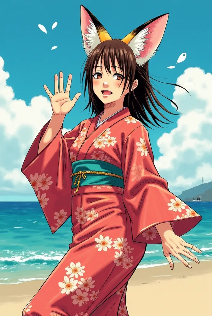 a woman with fox ears wearing a kimono, beach background, waving, hatching, colored jjk manga style