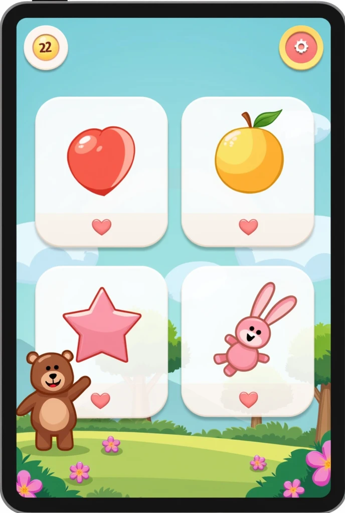 Create a vertical digital game interface designed for the iPad Pro 11-inch aspect ratio, tailored for preschool autistic ren. The design should include a friendly and calming fantasy environment with soft pastel colors (light blues, purples, greens). Featu...