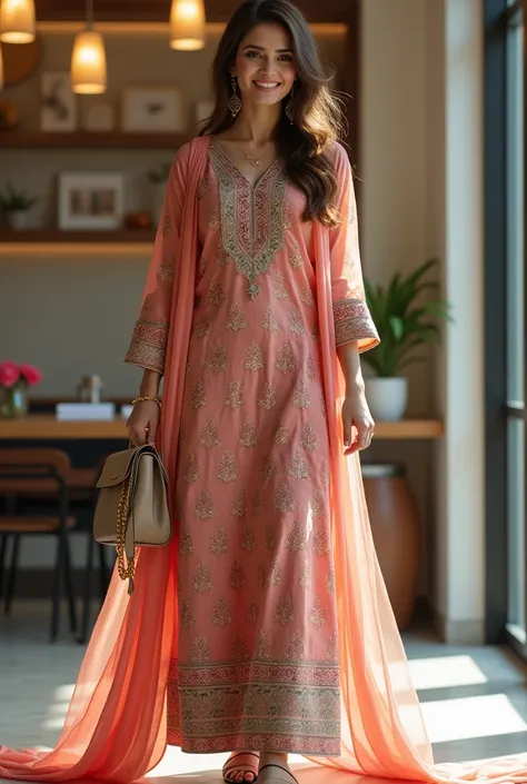 Pakistani realistic beautiful cute 18 years old fair skin looking down model fashionable stylish attitude big smile dimpal full body cover salwar Kamez dress long dopatta on the head long brown hair sunglasses long sandals stylish bag in the hand beautiful...