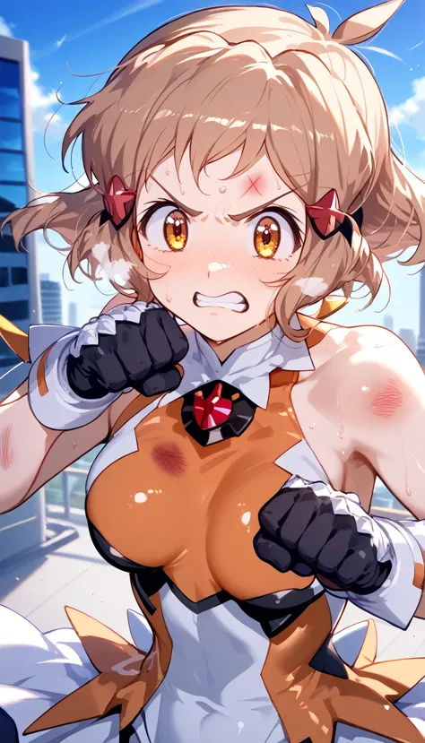  best quality,  soft light youre handling,  ultra high resolution, cute, beautiful face down to the smallest detail , high resolution details of human skin texture, shiny skin,sweat,Heat, white breath ,Hibiki Tachibana ,Brown Hair,Short Hair,City, Battle C...