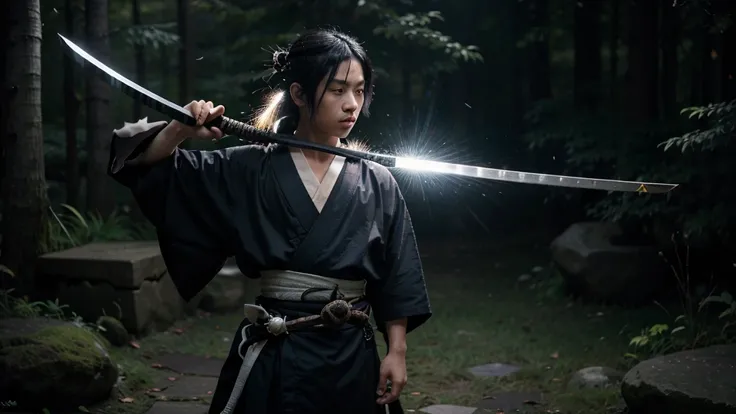 /imagine prompt: A young samurai boy with black hair, dressed in a white and black kimono, standing in a dense forest. He holds a katana with vibrant flames spiraling from the blade. The scene features swirling blue flames in the style of Katsushika Hokusa...