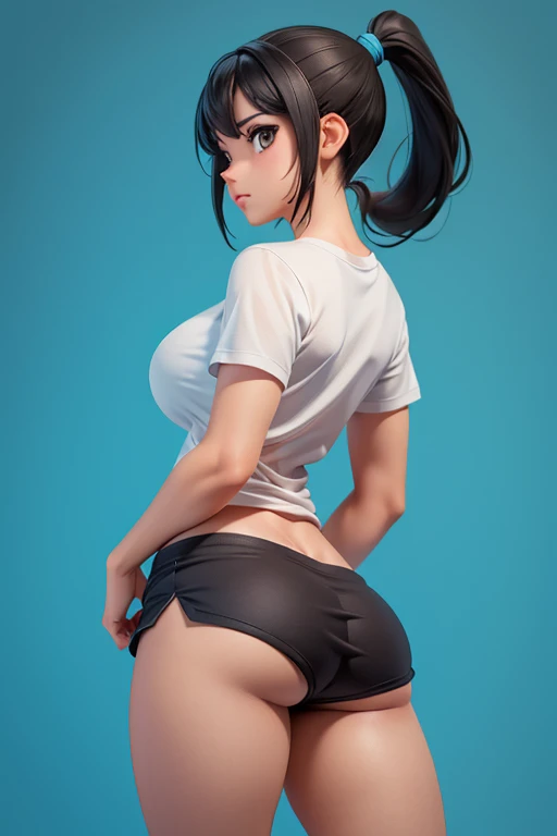 girl, black hair ( ponytail ),  brown eyes,  perfect body ,  Big breasts ,  perfect legs, perfect thighs, t-shirt, micro shorts, tennis, toys,  plain background, blue background, HD, pose causal,  side view (profile) render 3d, standing.