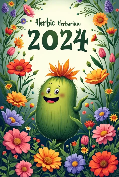 Crée une converture pour un herbier avec la date 2024 écrit et herbie dessus en dessin avec des fleurs et des plantes