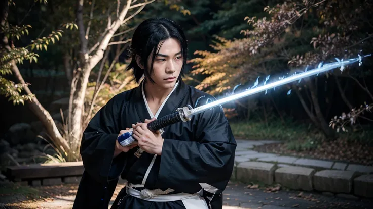 /imagine prompt: Anime-style samurai boy with sleek black hair, wearing a white and black kimono, standing in a vibrant forest. He holds a katana ablaze with bright flames. The background features swirling blue flames in the style of Katsushika Hokusai, hi...