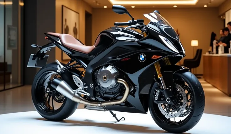 Here is the showroom display of the 2025 orginal bike picture BMW K1600, highlighting its luxurious and premium design. Let me know if youd like further adjustments or details!The bike shining Black 