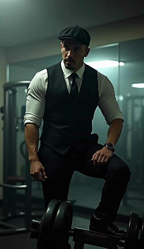 " Man in formal suit with vest and white shirt,  wearing a black cap ,  like in the style from the movie Peaky Blinders .  He is standing in the gym with a serious expression ,  leaning his foot on a stand with heavy dumbbells . The lighting is soft,  ligh...