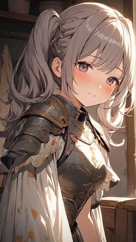 1 girl, ( cute face),  twin tails, to many hairstyle, (blush:1.3),  medium breasts, Shy Eyes , Warrior Armor,  Floral Cloak ,  Pottery skin ,  cowboy shots, break,  soft light , (Atmosphere of Love :1.3),  Romantic Hues , break, Behind the Battlefield ,  N...