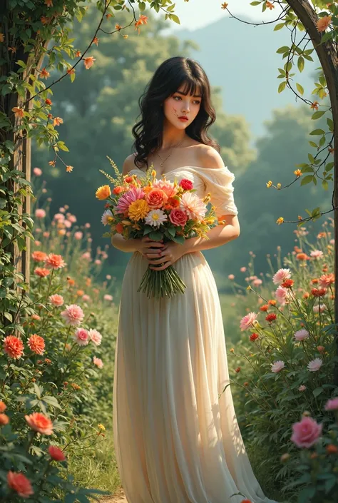 Pose holding flowers garden background 