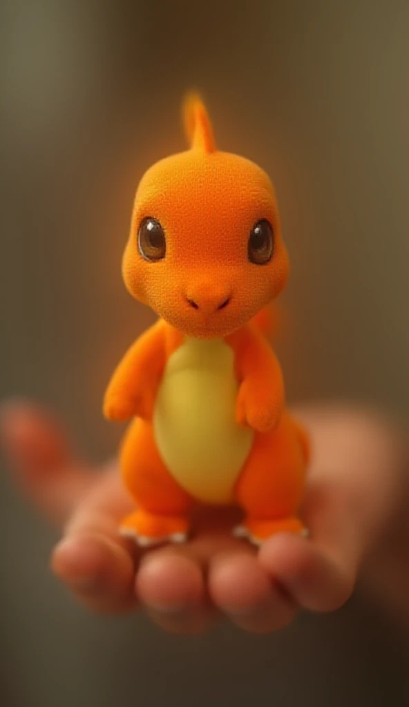 A stuffed lizard standing on a human palm 、 staring at me, color photo ,  visual artist in someones house , Charmander, Pokémon in real life , CGI Art,  similar to Pokémon 