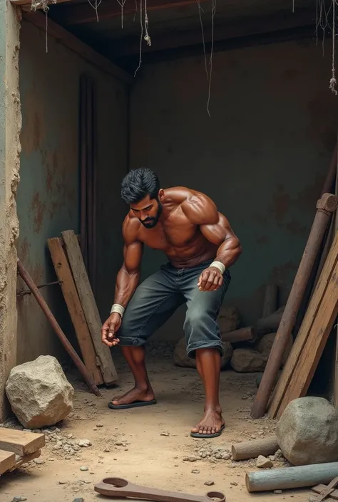 Raghav collecting old, rusty iron rods, stones, and wooden planks to build his makeshift gym in a dusty shed.