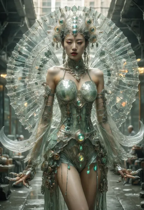 Futuristic native futurism, Actress Zhao Lusi plays the high-level cybernetic cyborg, green Jade lotus cyborg, lace, gigantic cleavage breasts:1.5, full body post, A beautiful young woman like Pan Jinlian, wear shorts and a hat walk street, the Japanese go...