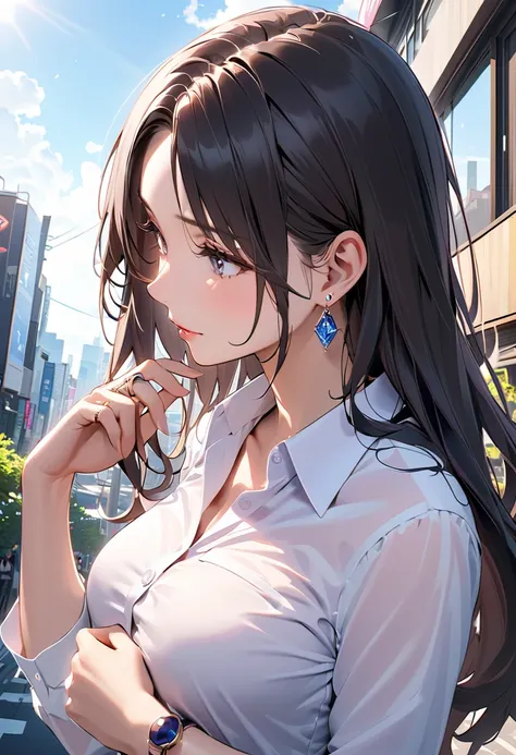  best quality,  amazing,delicate, Super detailed, beautiful, 8k ,  1 girl, Black Long Hair,Business shirts,  earrings for a woman alone, Outdoor,  bright 、Married Woman,sunlight、Clear skies、Buildings in Tokyo、bewitching、coquettish、Tempting sensuality,ring,...