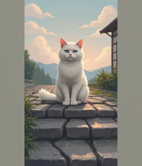 Realistic, theme is "Cat on the stone steps", on the stone steps of old town in Kyoto, Japan, on the wet stone pavement after sprinkling water, a white cat standing on the stone steps, with cute blue eyes, looking at you with a serious face, evening scener...