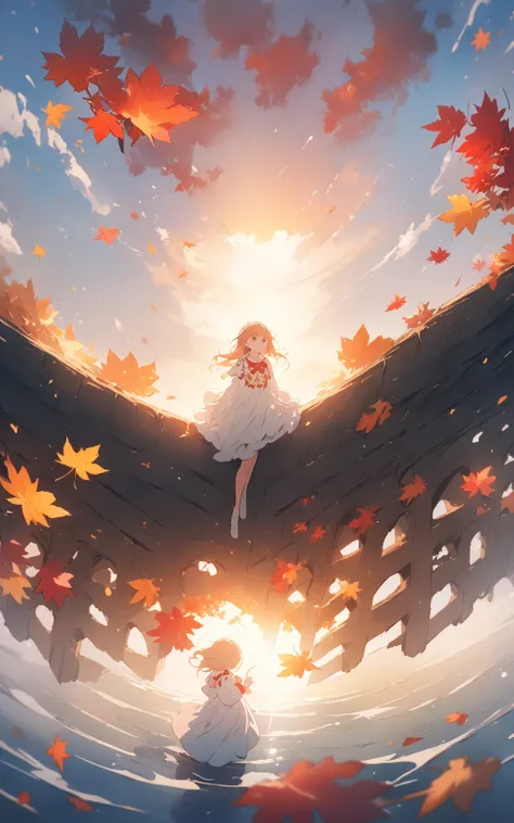 Girl on a bridge of autumn leaves"
 prompt : "Cute girl, ((: 1.5)), (masterpiece: 1.2), (best quality: 1.2), (high definition: 1.1), Dramatic lighting, vibrant color palettes, Anime artwork, anime style, key visuals, cinematic composition, Dreamy watercolo...