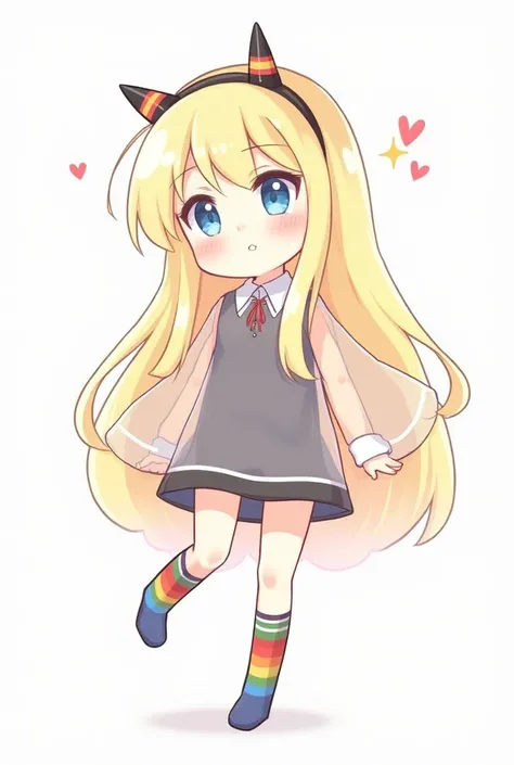  a girl, height of 1.60, High resolution,  long hair, blush, smile,  blue eyes ,blonde,  headband with small horns , rainbow socks ,  transparent blouse ,  cheeks with barely visible hearts, tanga negra 

 High resolution,  High resolution, 