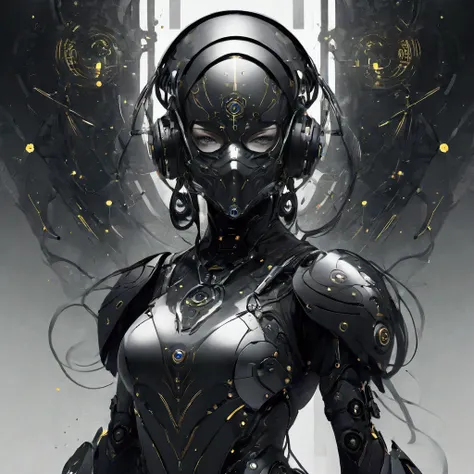 1 woman, Mechanical wonder, Combat Suit,  Cybernetic Guardians , beauty，Religious symbols，mask， dark _fantasy,  Collage of Mixed Media Elements, Abstract Background,  minimalism , monochromatic, graphic design, Creative composition, Unique Perspective ,  S...