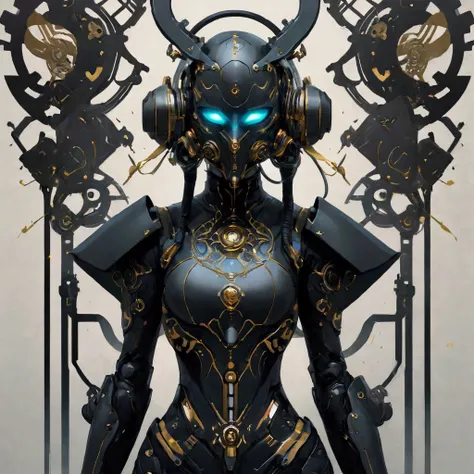 1 woman, Mechanical wonder, Combat Suit,  Cybernetic Guardians , beauty，Religious symbols，mask， dark _fantasy,  Collage of Mixed Media Elements, Abstract Background,  minimalism , monochromatic, graphic design, Creative composition, Unique Perspective ,  S...