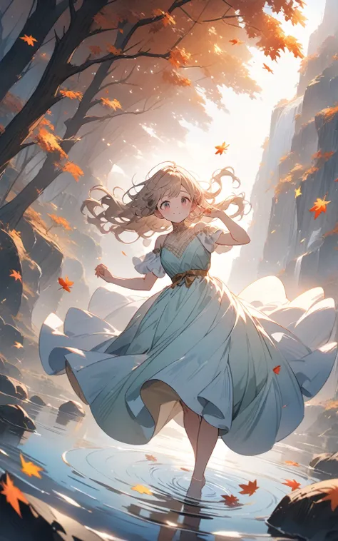 "A riverside girl dancer dancing in autumn leaves"
 prompt : "Cute girl, ((: 1.5)), (masterpiece: 1.2), (best quality: 1.2), (high definition: 1.1), Dramatic lighting, vibrant color palettes, Anime artwork, anime style, key visuals, cinematic composition, ...