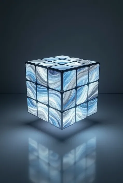 Hyper-realistic product photography of a Rubiks cube-sized display cube, floating on grey-black background, studio lighting. Each 9 faces on each 6 faces of the cube features high-resolution LED matrix displaying flowing wave patterns. Premium aluminum fra...