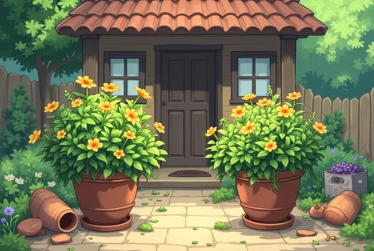 Behind the board house, there are two pots planted with beautiful plants. You can see some pottery containers that have broken near the plants. Simple to draw