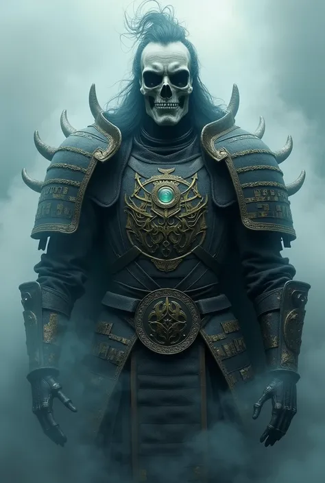 "A being whose body is half skeletal, covered in dark, ethereal mist, and half armored in divine battle armor. The lower half is shrouded in deathly fog, while the upper half displays Hachimans warrior-like, regal presence, with an aura of both death and d...