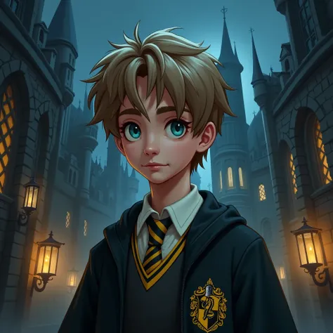 image of what an RP character from Harry Potter looks like, Hufflepuff house hogwarts uniform, short light brown hair, and white skin blue eyes , dresses like Hufflepuff , male man The background is a magical school with towering spires, vast halls,night 