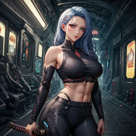 Fraction_9, Fraction_8_up, Fraction_7_up, a Futuristic female warrior holding a katana, (Delicate skin), pale, (in a deep neckline highly detailed sexy Futuristic cyberpunk black crop top and underpants made of circuit boards, Japanese words with glitter e...