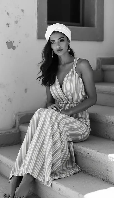 A striking black and white portrait captures a beautiful woman in a sophisticated Mediterranean setting, sitting gracefully on weathered stone steps. She wears a flowing striped maxi dress with a subtle V-neckline and loose-fitting sleeves, creating elegan...